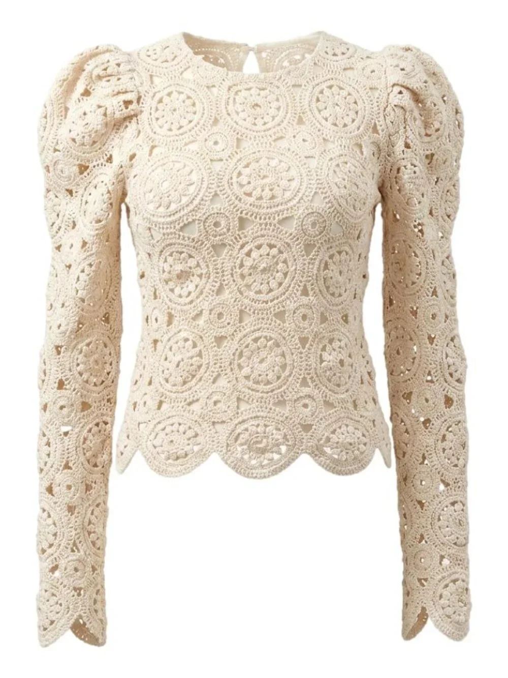 Zara Beige Crochet Lace Romantic Puff Sleeve Scalloped Hem Top Size S